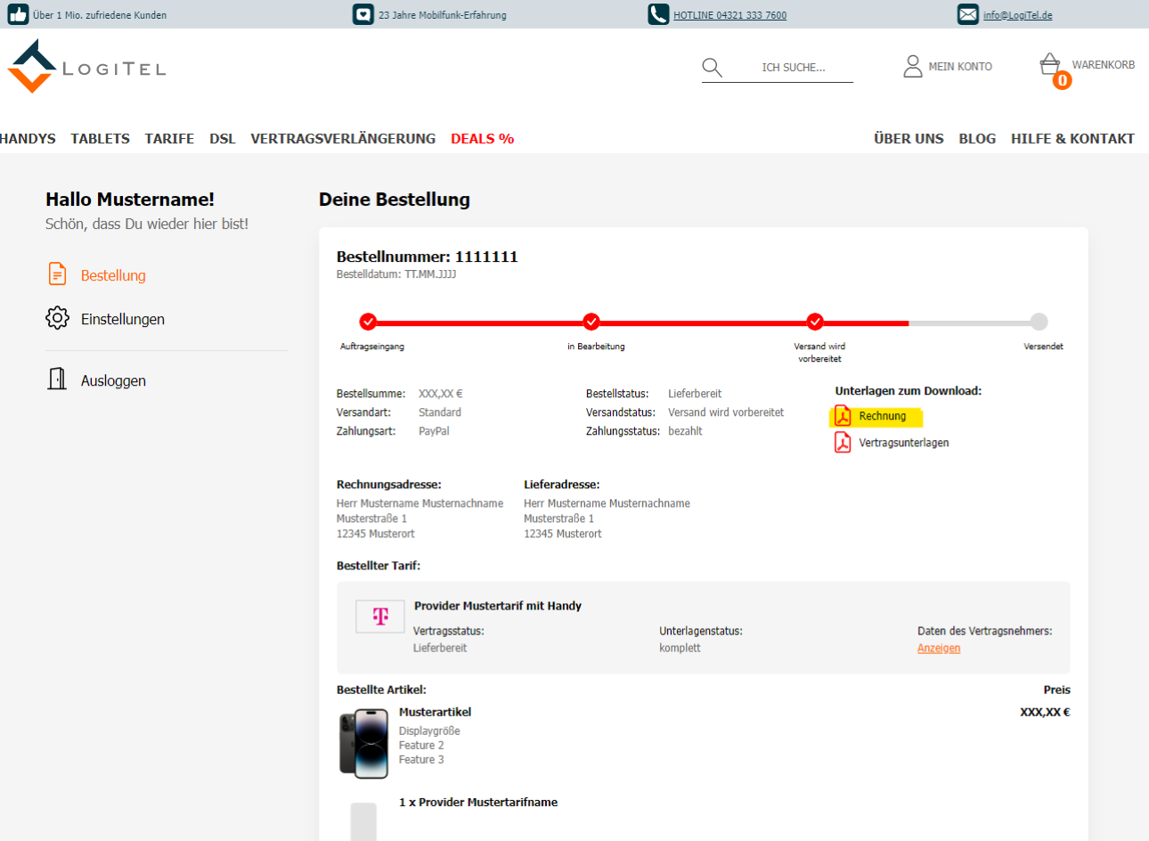 Screenshot des LogiTel Auftragskontos mit hervorgehobener Rechnung